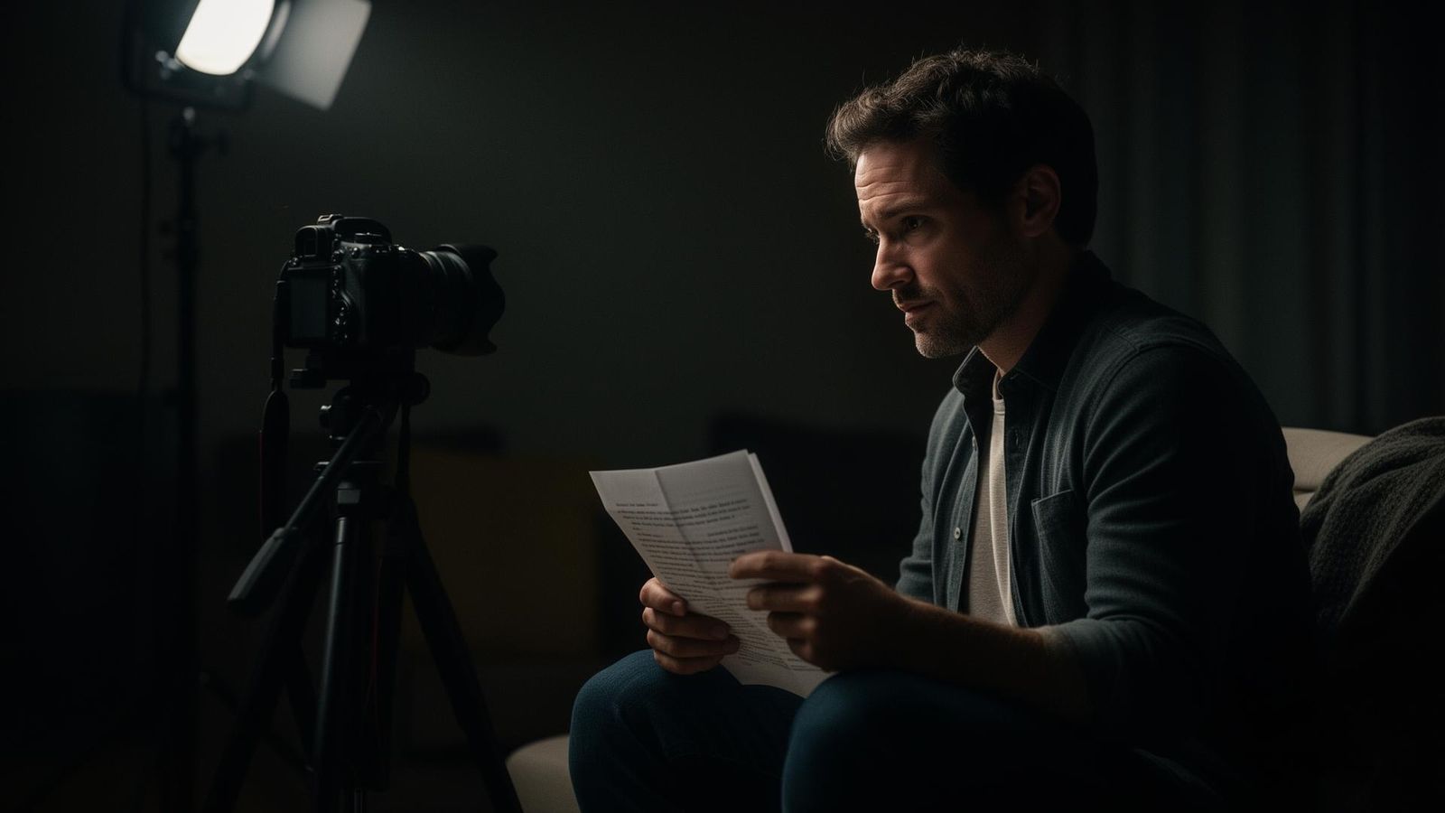 Actor recording a self-tape with a tripod camera and key light